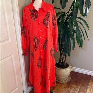 Red Leaf Print Button-Up Dress